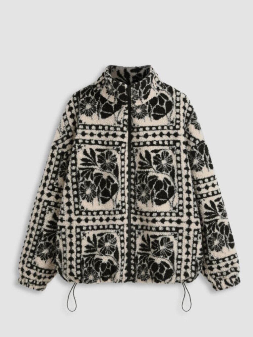 Cider Printed Fleece Zip Front Jacket Black Cream Floral 1XL
